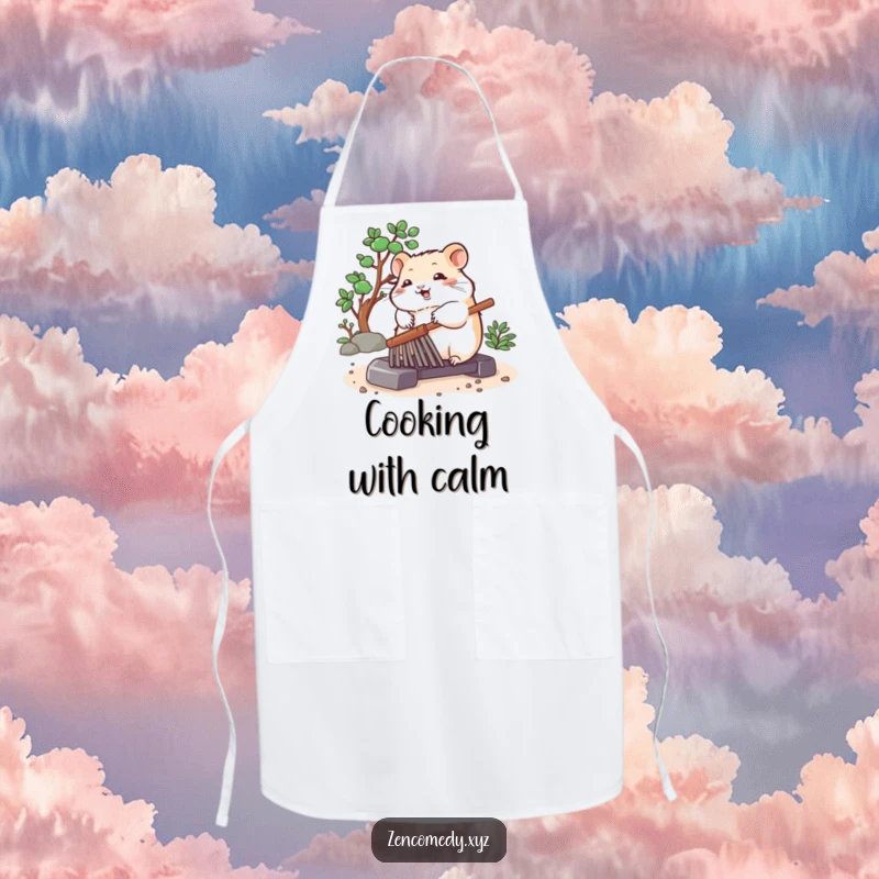 Funny apron featuring a bouncing hamster peacefully rolling a zen garden rake, perfect for kitchen fun and a touch of zen humor.