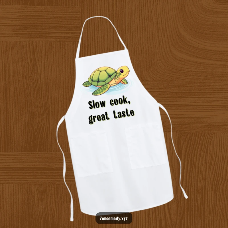 Funny apron with a brave turtle in a tranquil pool, designed for kitchen comfort and adding a humorous splash of serene, slow-motion art.
