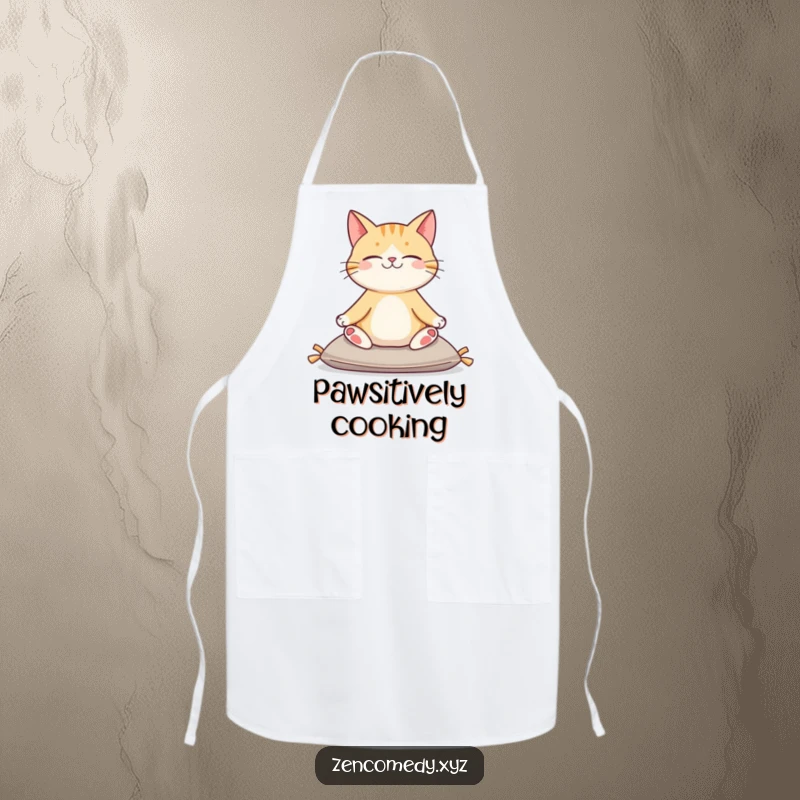 Funny apron featuring a content cat sitting serenely on a cushion in a yoga pose, perfect for adding humor to kitchen tasks.