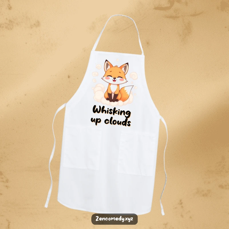 Funny apron featuring a joyful fox surrounded by soft, swirling, misty clouds, perfect for kitchen fun and a touch of mystical humor.
