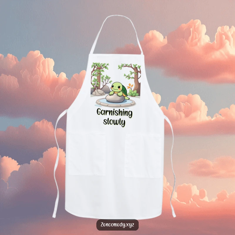 Funny Zen Turtle Apron featuring a calm turtle meditating in a zen garden, contemplating a smooth stone while cooking.