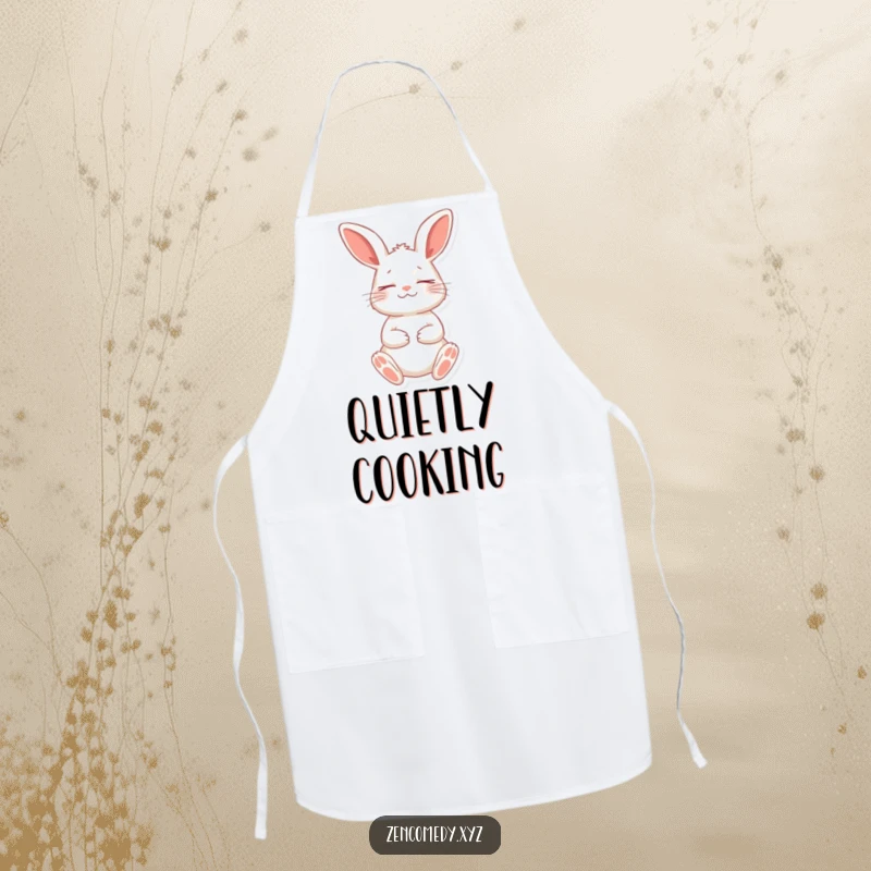 Funny apron featuring a playful rabbit in a meditative stance, eyes closed peacefully, perfect for adding humor to kitchen tasks.