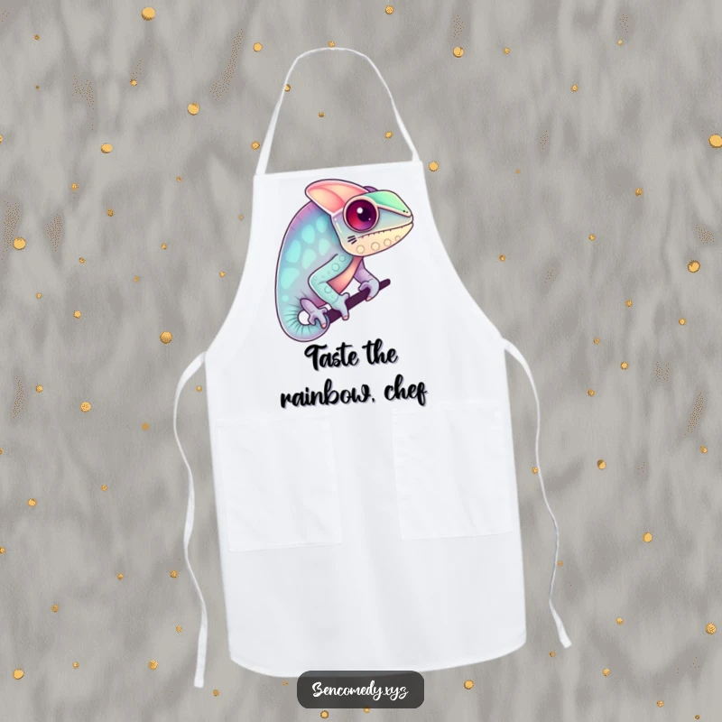 Funny apron with a chameleon blending into pastel colors, designed for kitchen comfort and adding a humorous splash of vibrant, artistic flair.