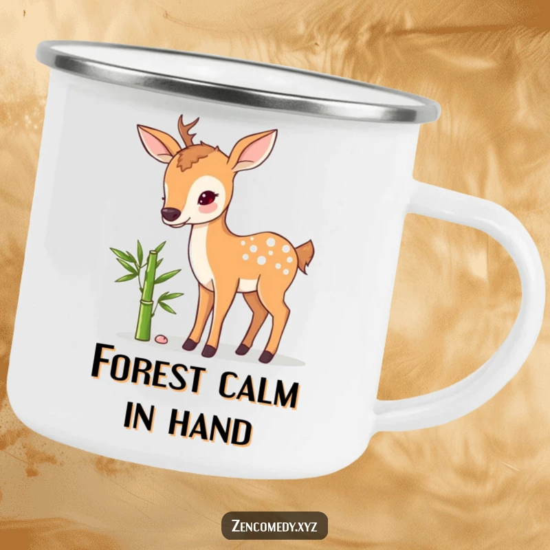 Funny camping mug featuring a sweet deer and bamboo, perfect for outdoor sipping with a humorous, tranquil, and adventurous spirit.