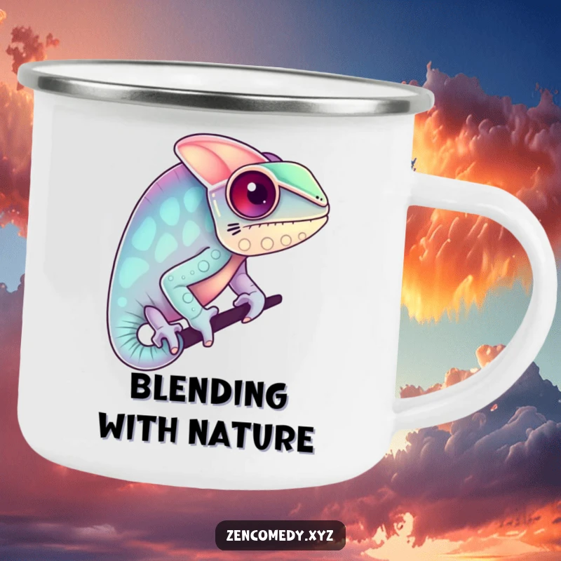 Funny camping mug with a chameleon blending into pastel colors, perfect for outdoor sipping with humorous, colorful, and adaptable adventurous spirit.