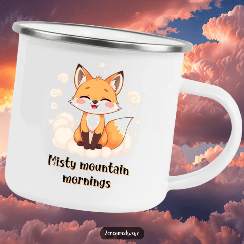 Funny enamel camping mug with a joyful fox surrounded by soft, swirling, misty clouds, ideal for outdoor enthusiasts who love humor and magic.