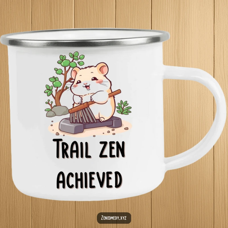 Funny enamel camping mug with a bouncing hamster peacefully rolling a zen garden rake, ideal for outdoor enthusiasts who enjoy humor and calm.