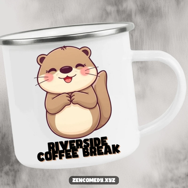 Funny Otter Camping Mug featuring a cheerful otter floating on its back with paws together, perfect for outdoor enjoyment.
