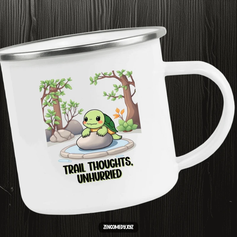 Funny Zen Turtle Camping Mug showing a calm turtle meditating in a zen garden, contemplating a smooth stone in nature.