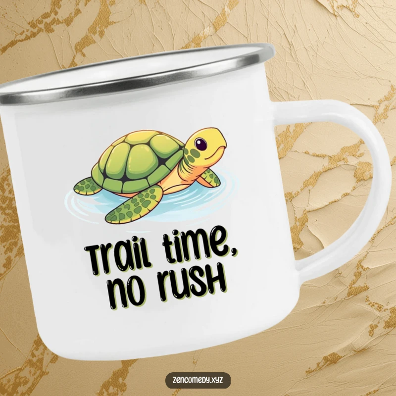 Funny camping mug with a brave turtle in a tranquil pool, perfect for outdoor sipping with humorous, calm, and steady adventurous spirit.