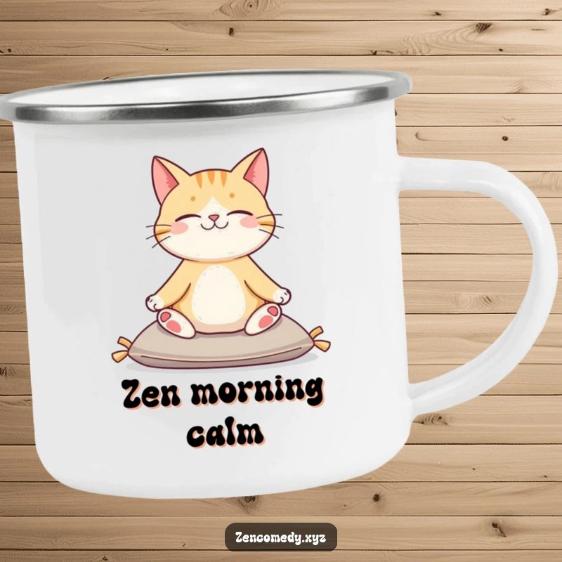 Funny camping mug with a content cat sitting serenely on a cushion in a yoga pose, durable for outdoor serenity and humor.