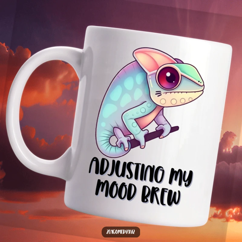 Funny mug featuring a whimsical chameleon blending into serene pastel colors, celebrating adaptability with humorous, vibrant style.