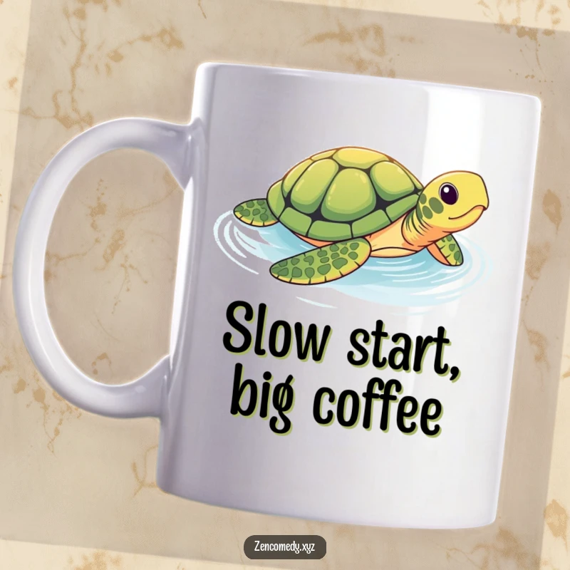 Funny mug featuring a brave turtle slowly gliding through a shimmering, tranquil pool, inspiring calm and humor with every sip.