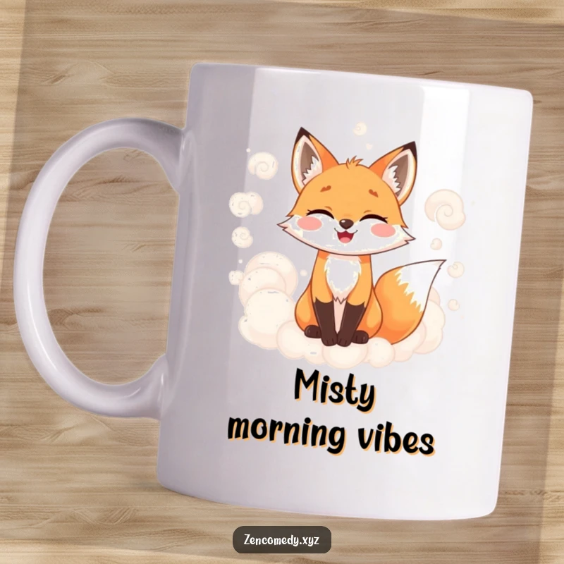 Funny mug with a joyful fox surrounded by soft, swirling, misty clouds, evoking a sense of magic and wonder.