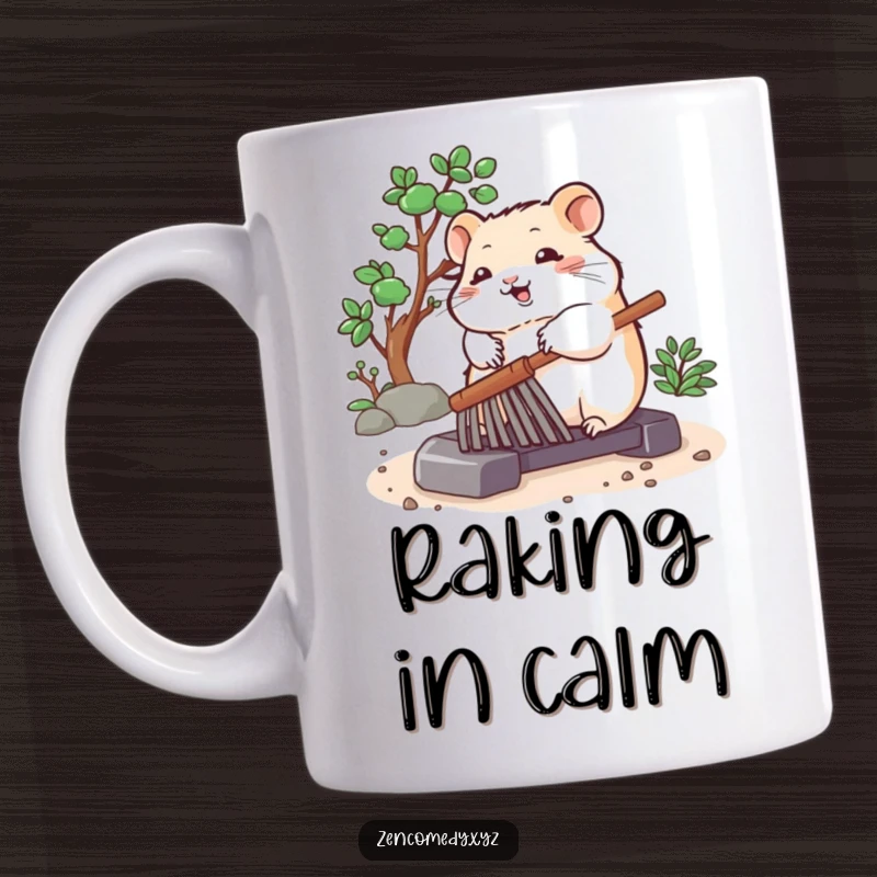 Funny mug with a bouncing hamster peacefully rolling a zen garden rake, embodying a cute and meditative moment.