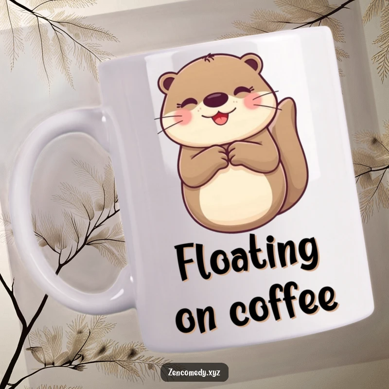 Funny Otter Mug depicting a cheerful otter floating on its back with paws together, radiating pure joy and relaxation.