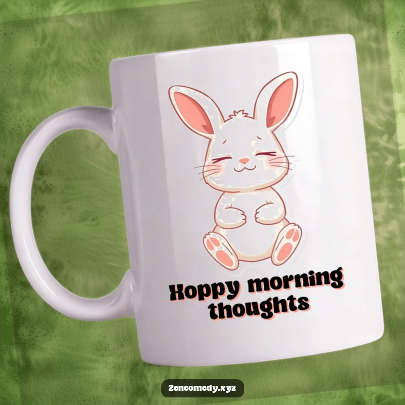 Funny mug featuring a playful rabbit in a meditative stance, eyes closed peacefully on a cushion, radiating serenity and humor.