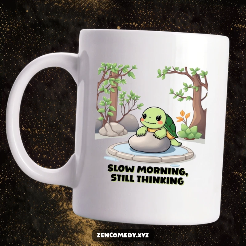 Funny Zen Turtle Mug showing a calm turtle meditating in a zen garden, contemplating a smooth stone for ultimate relaxation.
