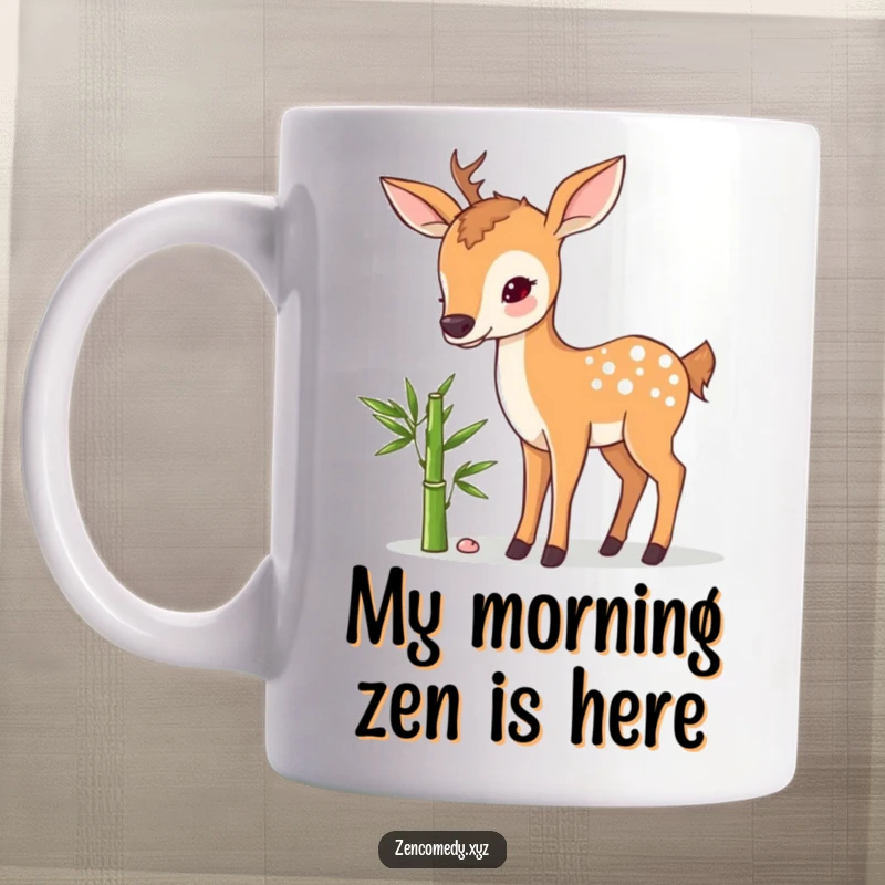 Funny mug featuring a sweet deer calmly standing next to a delicate bamboo shoot, radiating peace and tranquility for a humorous touch.