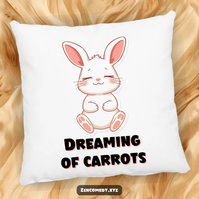 Funny pillow with a playful rabbit in a meditative stance, eyes closed peacefully, offering comfort and a touch of humorous calm.