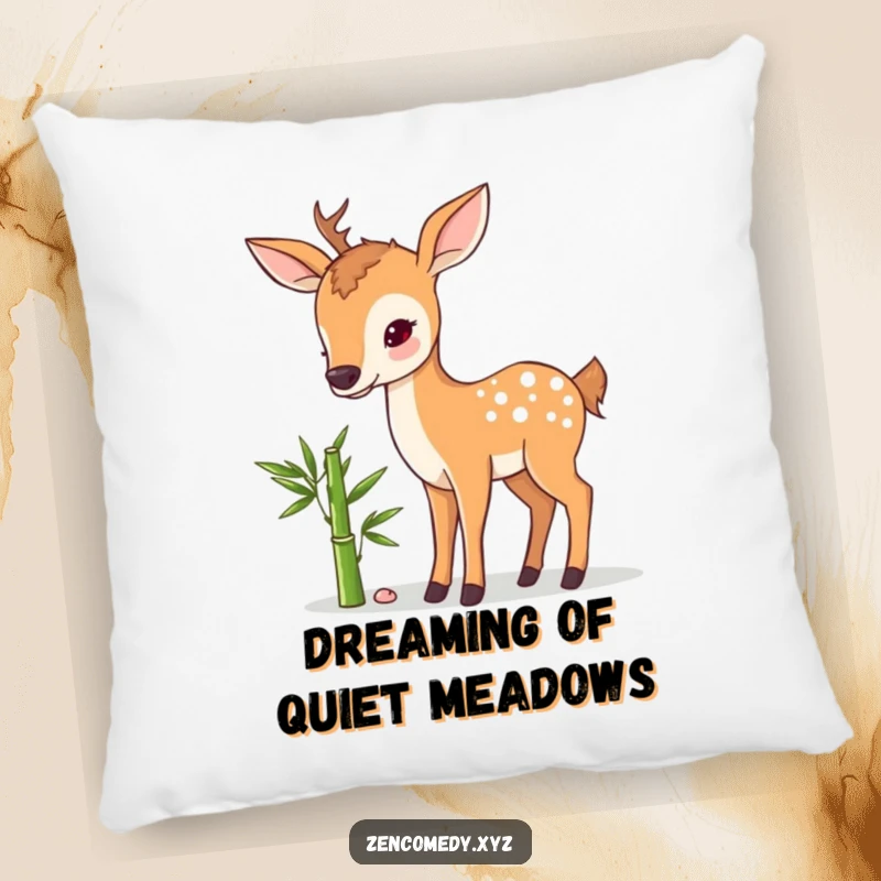 Funny pillow with a sweet deer and bamboo design, offering soft, humorous comfort and a peaceful aesthetic for home decor.