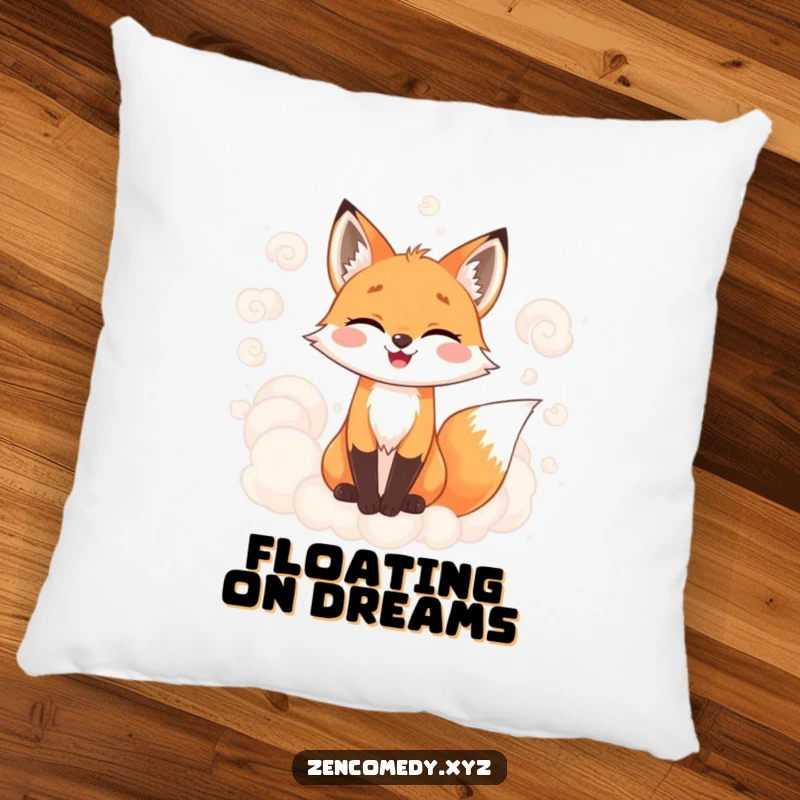 Funny pillow with a joyful fox surrounded by soft, swirling, misty clouds, offering comfort and a touch of whimsical humor.