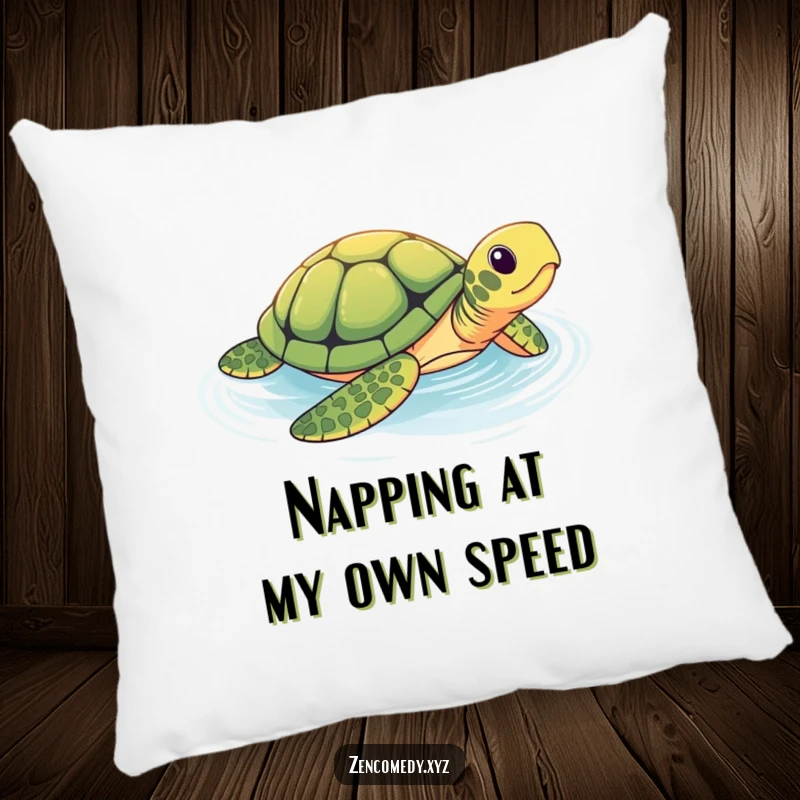 Funny pillow featuring a brave turtle gliding in a shimmering pool, offering soft, humorous comfort and a tranquil, slow-paced aesthetic.