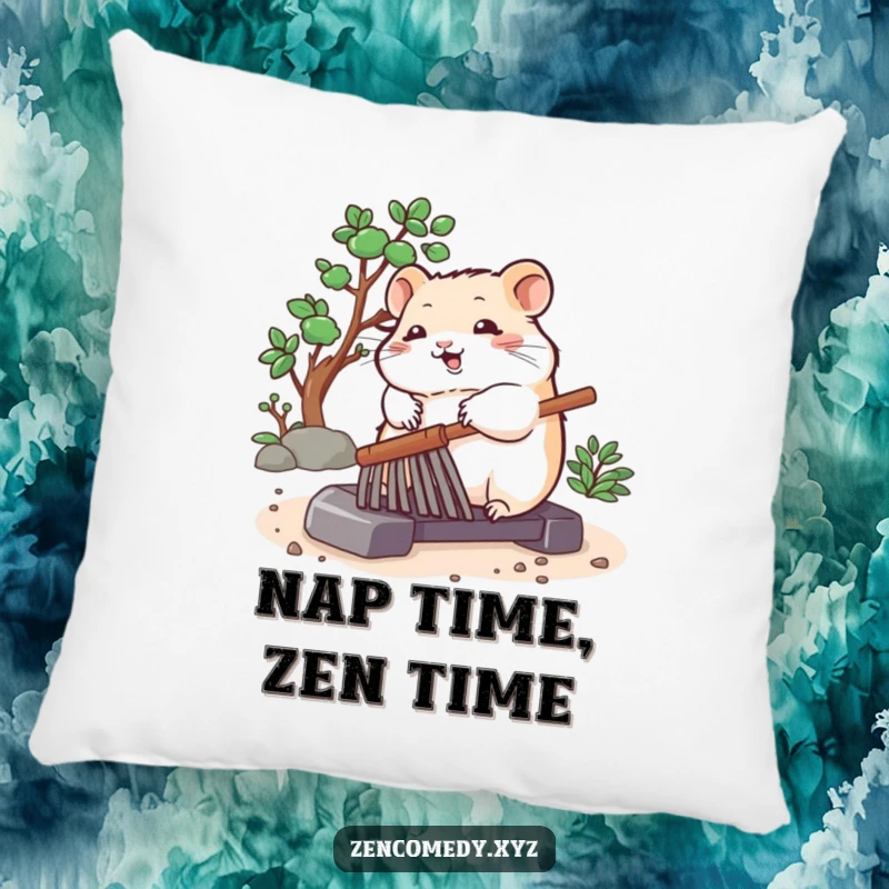 Funny pillow with a bouncing hamster peacefully rolling a zen garden rake, offering comfort and a touch of serene humor.