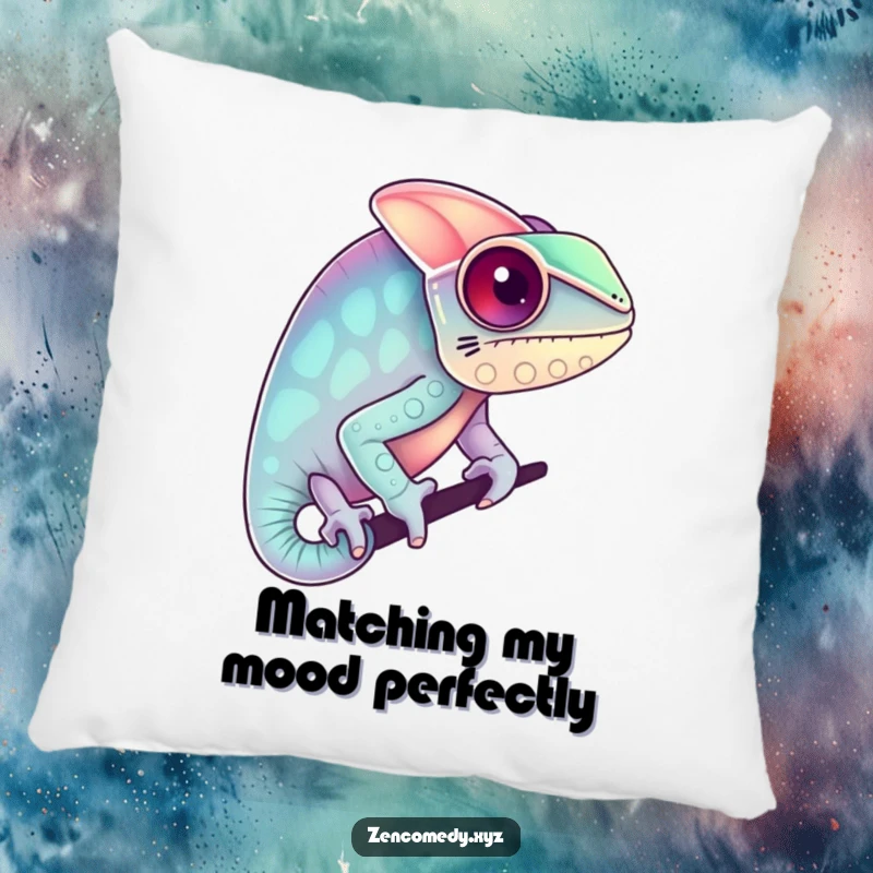 Funny pillow featuring a chameleon blending into pastel colors, offering soft, humorous comfort and a vibrant, artistic, and adaptable aesthetic.