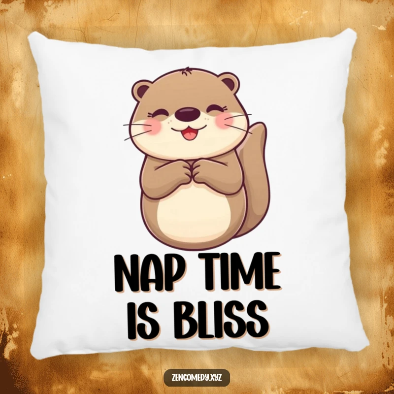 Funny Otter Pillow showing a cheerful otter floating on its back with paws together, providing soft comfort and cute decor.