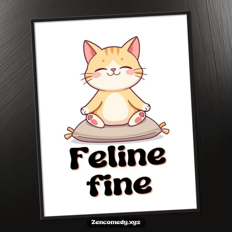 Funny digital art print of a content cat sitting serenely on a cushion in a yoga pose, ready for printing.
