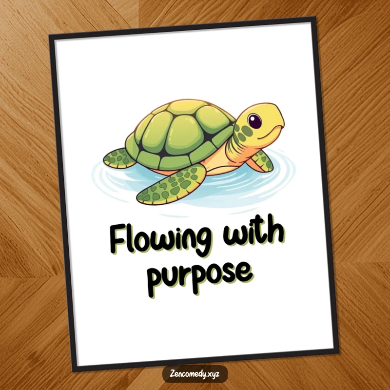 Funny digital art print of a brave turtle in a tranquil pool, conveying humorous serenity and calm movement for instant, peaceful home decor.