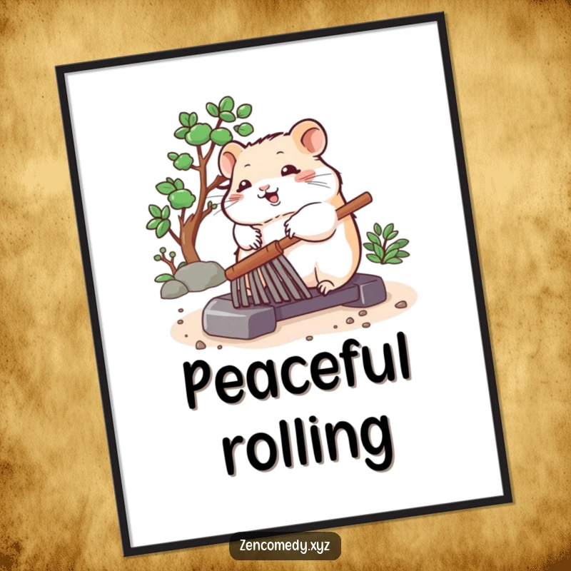 Funny digital art print of a bouncing hamster peacefully rolling a zen garden rake, adding a serene and humorous touch to any display.