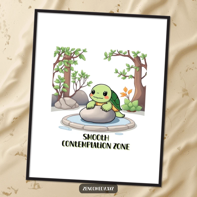 Funny Zen Turtle Digital Art Print showing a calm turtle meditating in a zen garden, contemplating a smooth stone for decor.
