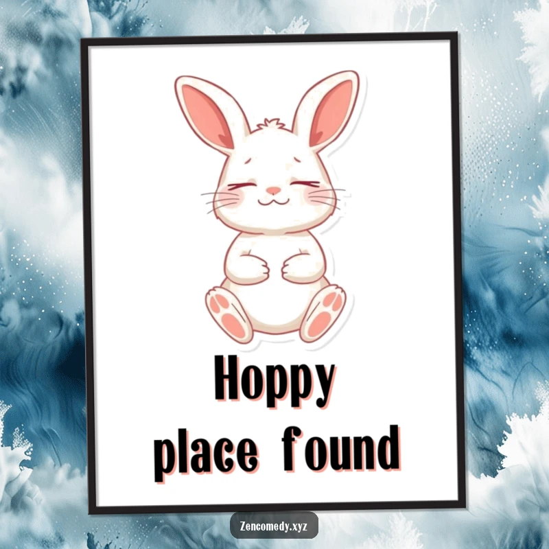 Funny digital art print of a playful rabbit in a meditative stance, eyes closed peacefully, ready for printing.