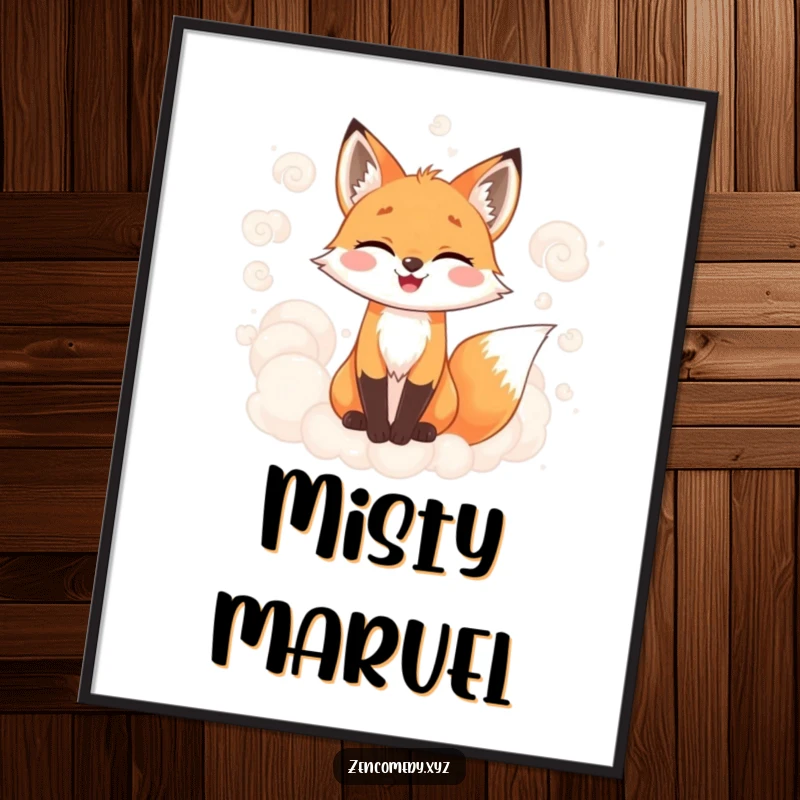 Funny digital art print of a joyful fox surrounded by soft, swirling, misty clouds, adding a magical and humorous touch to any display.