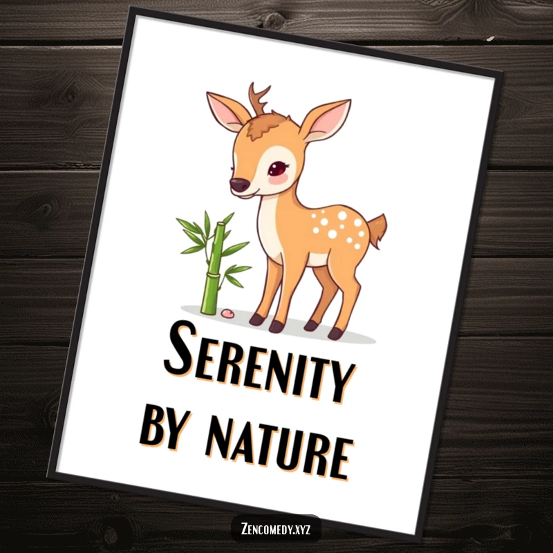 Funny digital art print of a sweet deer beside a bamboo shoot, conveying humorous tranquility and natural beauty for instant home decoration.