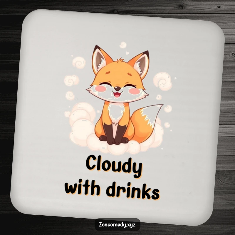 Funny coasters featuring a joyful fox surrounded by soft, swirling, misty clouds, protecting surfaces with charm and whimsical humor.