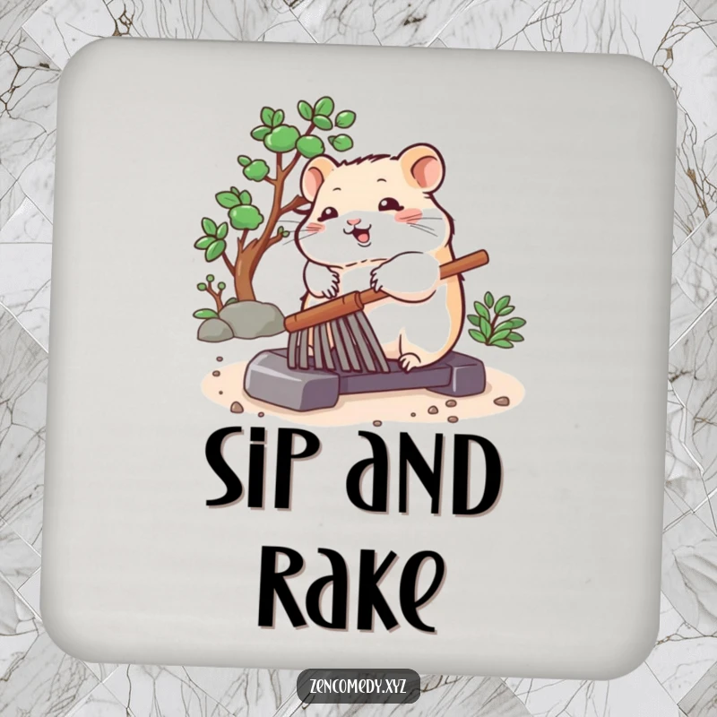 Funny coasters featuring a bouncing hamster peacefully rolling a zen garden rake, protecting surfaces with charm and serene humor.