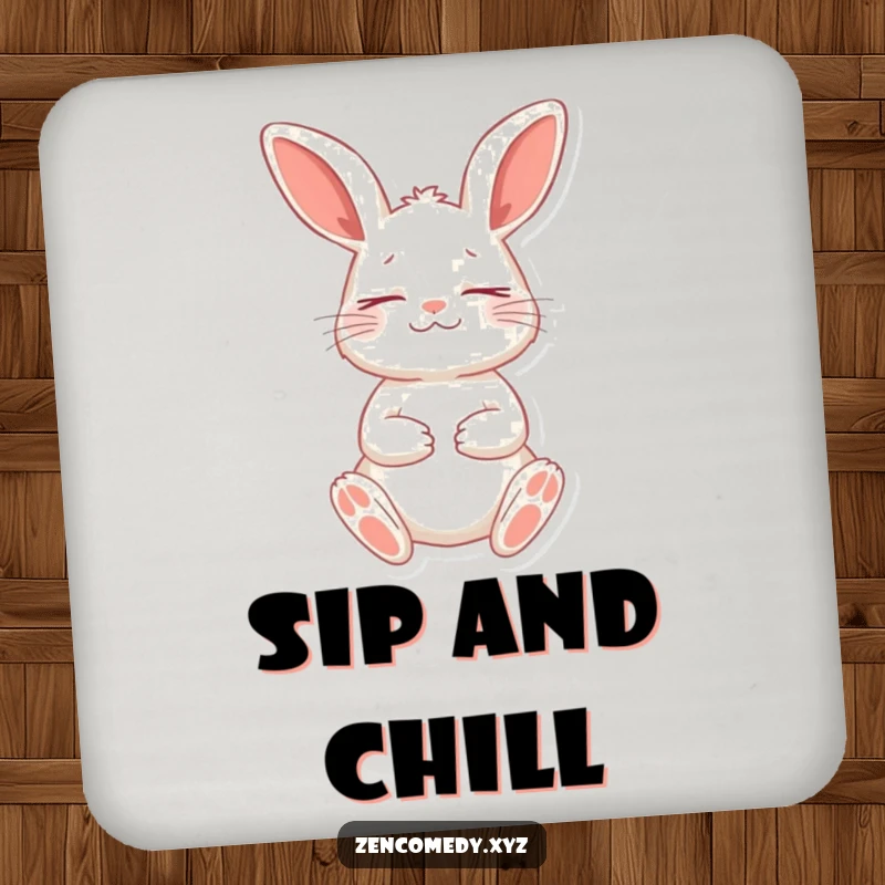 Funny drink coaster with a playful rabbit in a meditative stance, eyes closed peacefully, providing humorous surface protection.