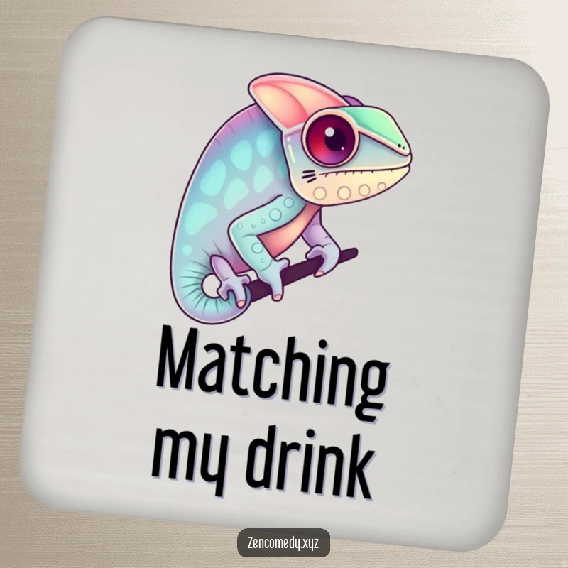 Funny drink coasters featuring a chameleon blending into pastel colors, offering humorous surface protection and a vibrant, artistic, and adaptable charm.