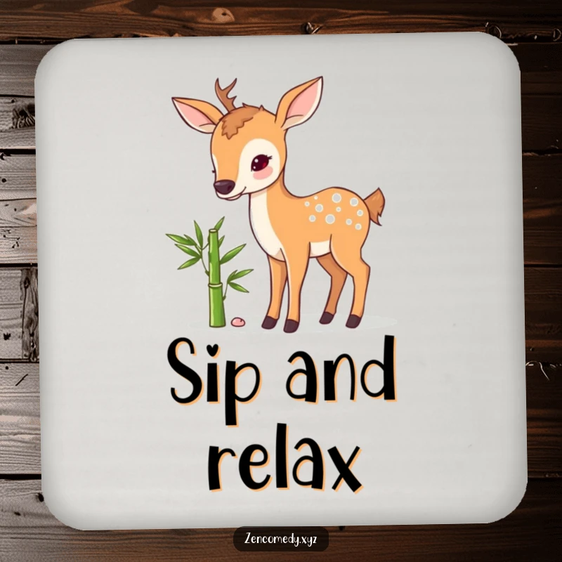 Funny drink coasters with a sweet deer and bamboo design, offering humorous surface protection and a touch of serene, artistic charm.