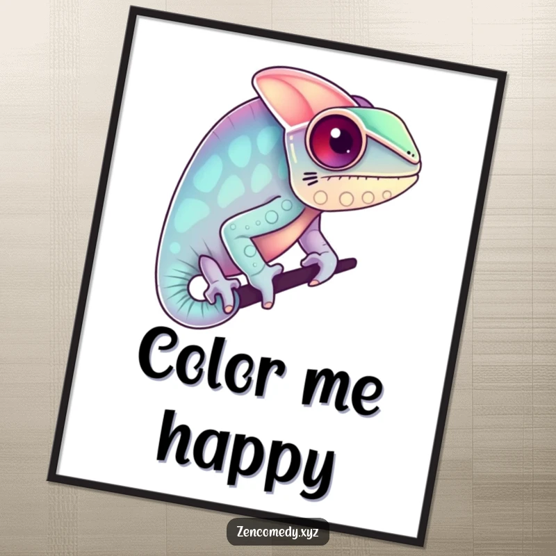 Funny poster of a chameleon blending into serene pastel colors, creating humorous wall art that celebrates adaptability and vibrant, artistic expression.