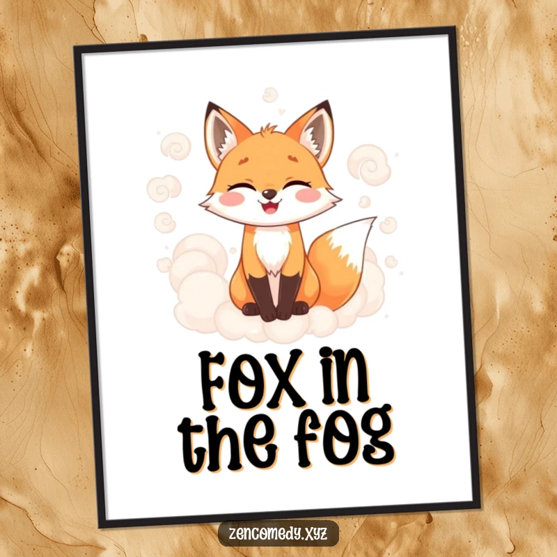 Funny poster featuring a joyful fox surrounded by soft, swirling, misty clouds, embodying a magical and whimsical artistic expression.