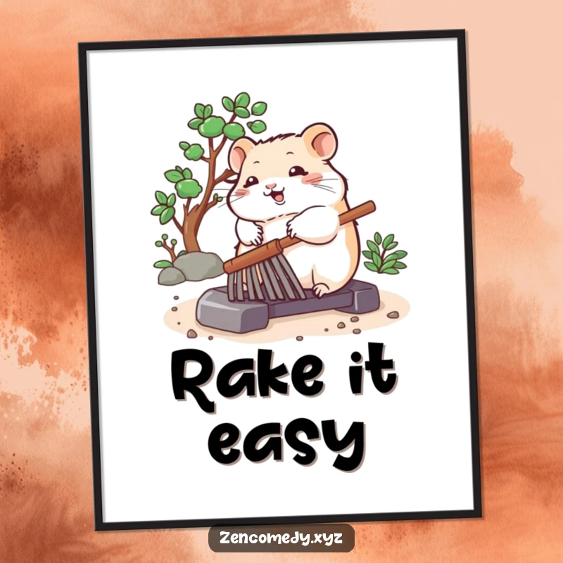 Funny poster featuring a bouncing hamster peacefully rolling a zen garden rake, embodying a cute and meditative artistic expression.