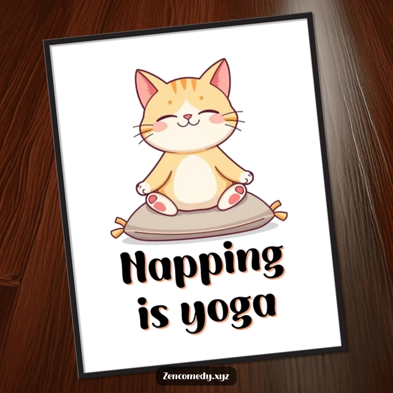 Funny poster featuring a content cat sitting serenely on a cushion in a yoga pose, embodying tranquility and playful humor.