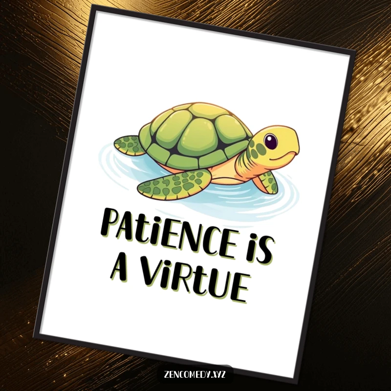 Funny poster of a brave turtle swimming in a tranquil pool, creating humorous wall art that evokes peace, calmness, and slow, steady movement.
