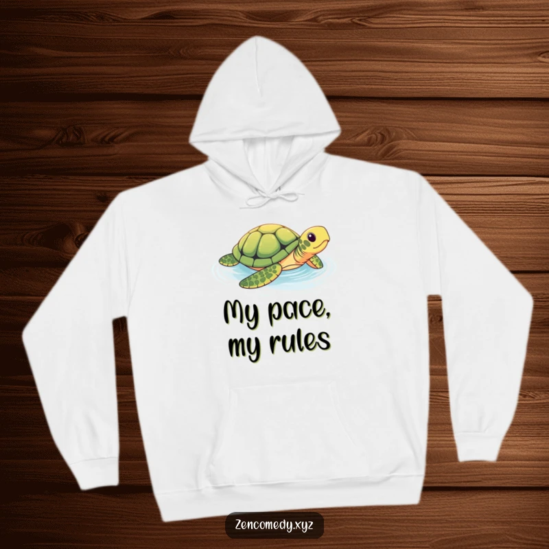 Funny hoodie showcasing a brave turtle gliding through a shimmering pool, offering warm, humorous comfort and a tranquil, slow-paced aesthetic.