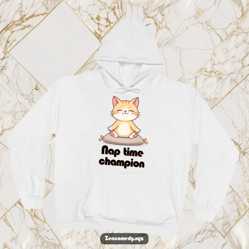 Funny hoodie featuring a contented cat in a serene yoga pose on a cushion, offering warmth and a touch of humorous calm.