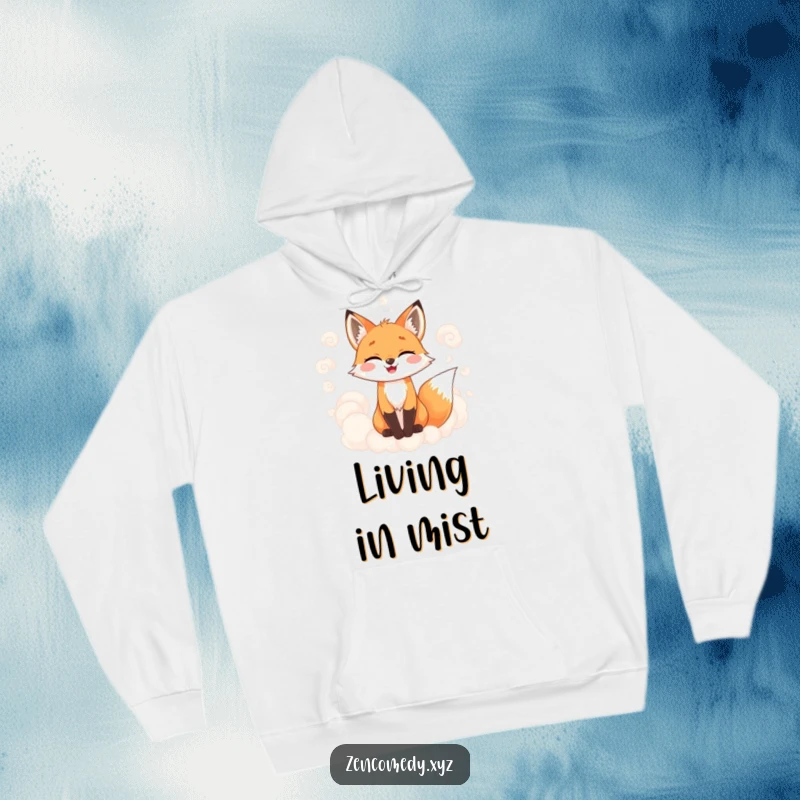 Funny hoodie featuring a joyful fox surrounded by soft, swirling, misty clouds, perfect for cozy and imaginative wear.
